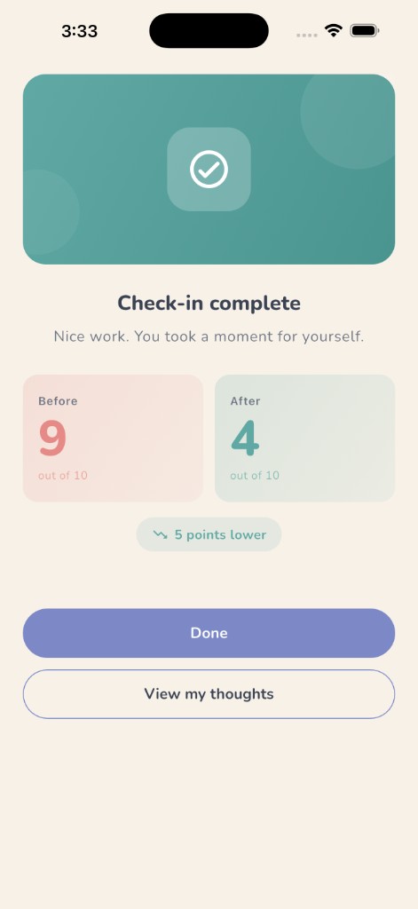 Check-in complete screen with before and after distress ratings
