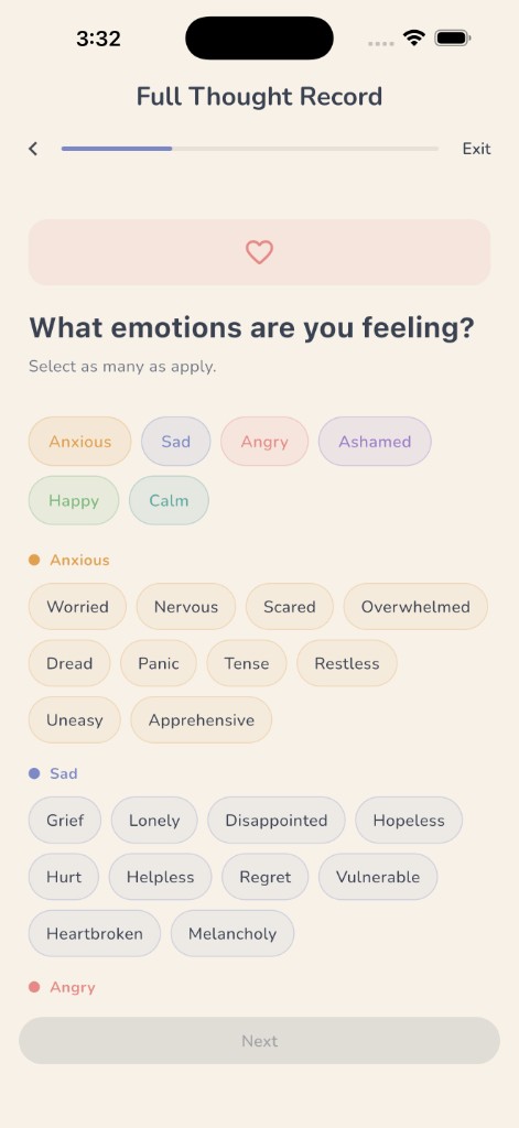 Full Thought Record emotion picker screen