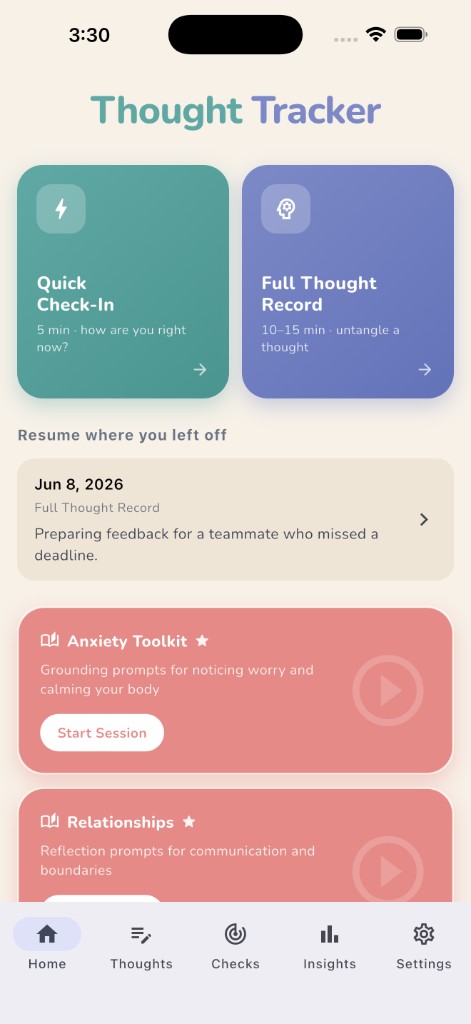 Thought Tracker home screen with quick check-in and full thought record cards
