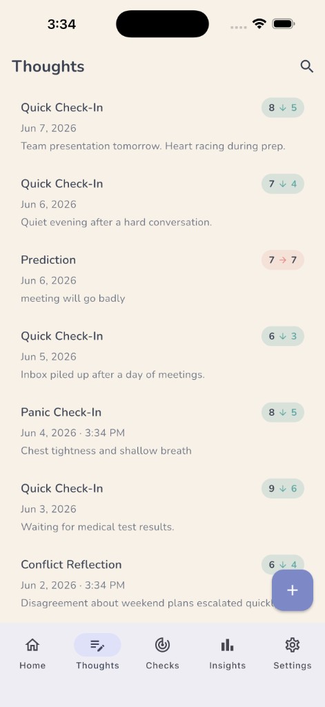 Thoughts list with check-ins, predictions, and pack reflections